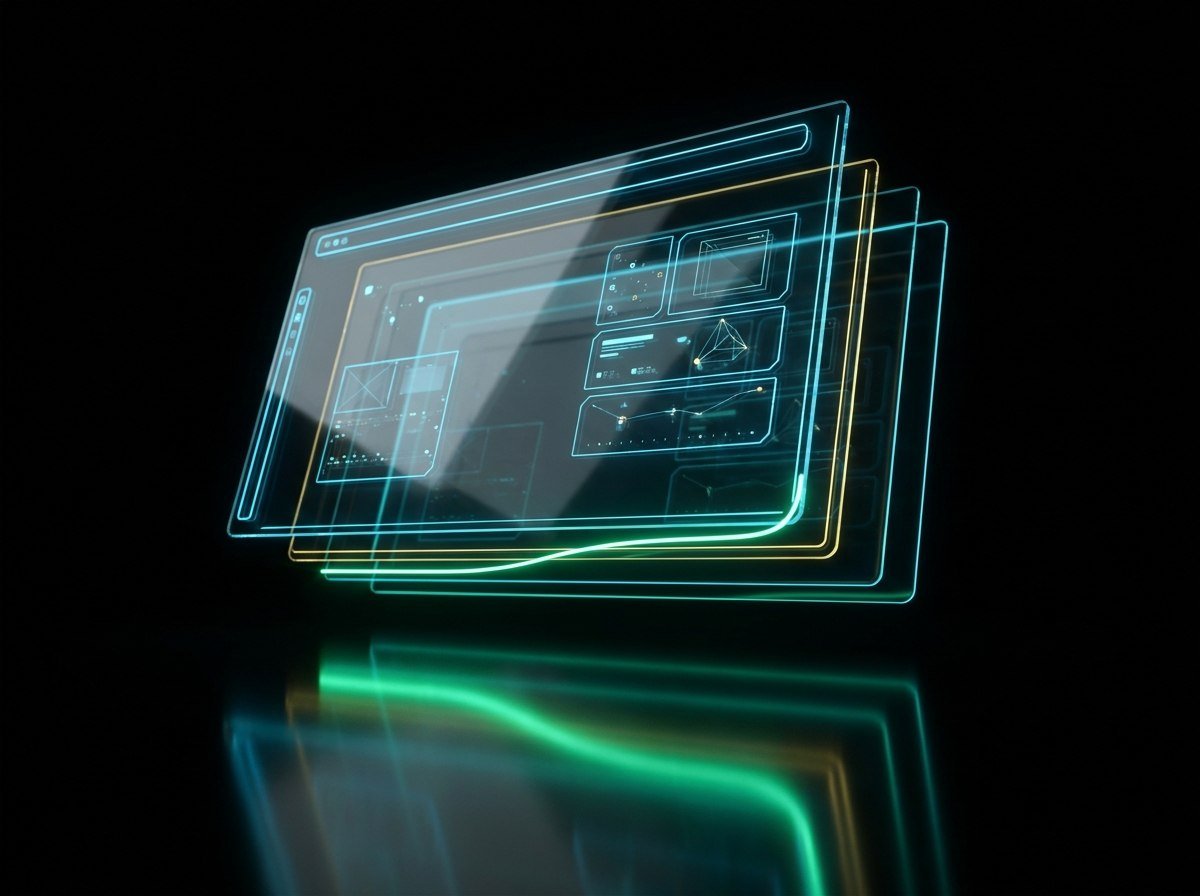 A modern layered 3D website interface glowing in dark space