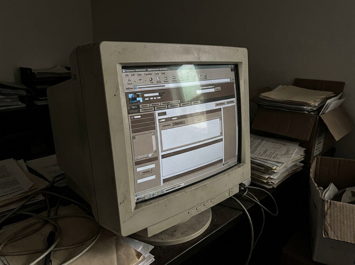 A dated small business website on an old monitor in a cluttered back office